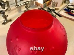 Antique Gwtw Red Satin Glass Art Nouveau Chrysanthemum Kerosene Oil Lamp Shade