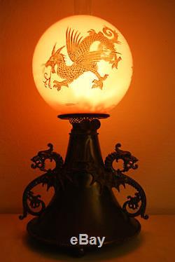 Antique Gwtw Victorian Oil Kerosene Chinese Dragon Parlor Banquet B&h Gwtw Lamp
