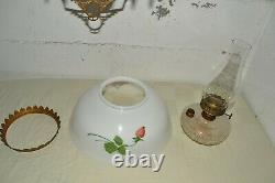 Antique HANGING OIL LAMP Painted Roses FLORAL SHADE Retractable B&H Hanger Frame