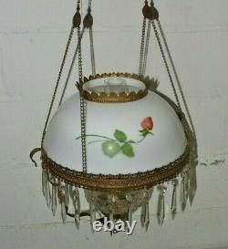 Antique HANGING OIL LAMP Painted Roses FLORAL SHADE Retractable B&H Hanger Frame