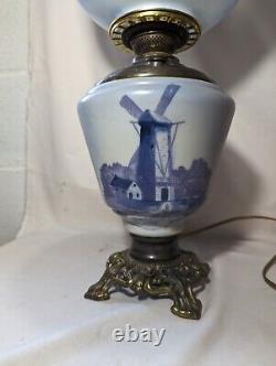 Antique Hand Painted Delft Blue Windmill Parlor Oil Lamp
