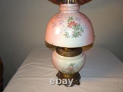 Antique Hand Painted Floral Gwtw Parlor Lamp In Oil