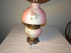 Antique Hand Painted Floral Gwtw Parlor Lamp In Oil