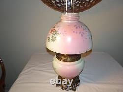 Antique Hand Painted Floral Gwtw Parlor Lamp In Oil