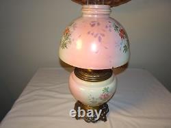 Antique Hand Painted Floral Gwtw Parlor Lamp In Oil