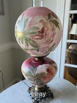 Antique Hand Painted Flowers Gone with the Wind Globe Hurricane Electric Lamp