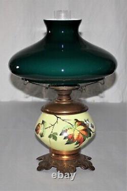 Antique Hand Painted Glass Lamp WithEmerald Green Cased White Victorian Oil Lamp