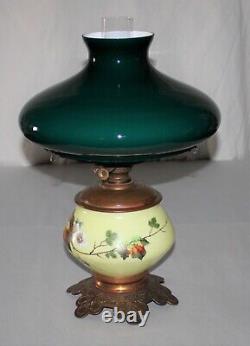 Antique Hand Painted Glass Lamp WithEmerald Green Cased White Victorian Oil Lamp