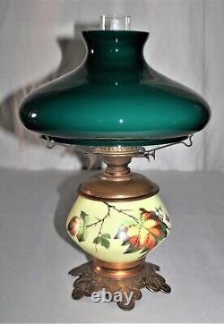 Antique Hand Painted Glass Lamp WithEmerald Green Cased White Victorian Oil Lamp