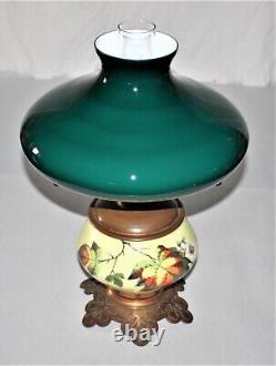 Antique Hand Painted Glass Lamp WithEmerald Green Cased White Victorian Oil Lamp