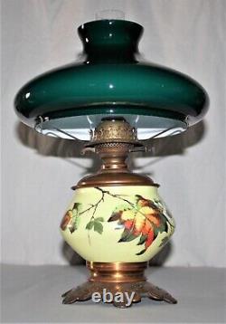 Antique Hand Painted Glass Lamp WithEmerald Green Cased White Victorian Oil Lamp