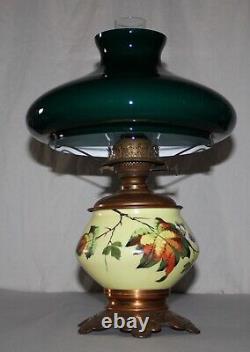 Antique Hand Painted Glass Lamp WithEmerald Green Cased White Victorian Oil Lamp