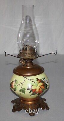 Antique Hand Painted Glass Lamp WithEmerald Green Cased White Victorian Oil Lamp