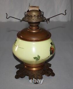Antique Hand Painted Glass Lamp WithEmerald Green Cased White Victorian Oil Lamp