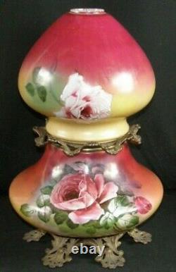 Antique Hand Painted Gone with the Wind GWTW OIL Lamp With ROSES Flowers LRG