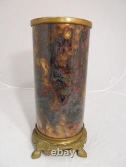 Antique Hand Painted Porcelain Footed Brass Cylinder Oil Lamp Base Font Stand