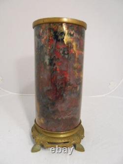 Antique Hand Painted Porcelain Footed Brass Cylinder Oil Lamp Base Font Stand