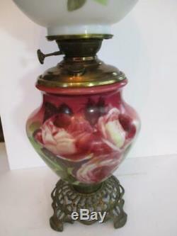 Antique Hand Painted Roses GWTW 24 Table Oil Lamp