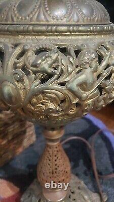 Antique Hand Wrought Iron And Brass Oil Lamp Converted To Electric