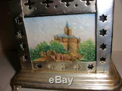 Antique Handpainted German Bisque Tile Lithophane Oil Lamp Tea Or Coffee Warmer