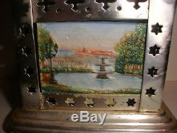 Antique Handpainted German Bisque Tile Lithophane Oil Lamp Tea Or Coffee Warmer