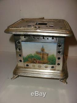 Antique Handpainted German Bisque Tile Lithophane Oil Lamp Tea Or Coffee Warmer