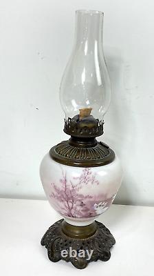 Antique Handpainted Parlor Oil Lamp W Brass Base Hurricane Multicolor Flowers