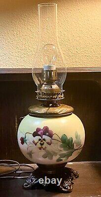 Antique Handpainted Porcelain Poppies GWTW Oil Parlor Lamp-Made Electric