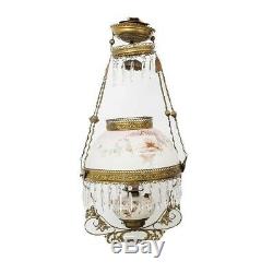 Antique Hanging Brass Oil Lamp Hand Painted Porcelain Kerosene Chandelier Prisms