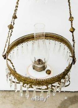 Antique Hanging Brass Oil Lamp Hand Painted Porcelain Kerosene Chandelier Prisms