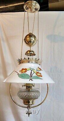 Antique Hanging Brass Oil Lamp Slant Shade