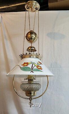 Antique Hanging Brass Oil Lamp Slant Shade