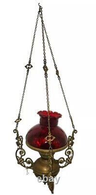 Antique Hanging Brass Oil Lamp With Cranberry Red Glass Riffled Shade 30