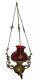 Antique Hanging Brass Oil Lamp With Cranberry Red Glass Riffled Shade 30