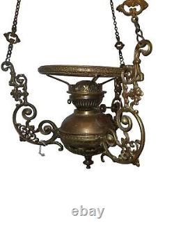 Antique Hanging Brass Oil Lamp With Cranberry Red Glass Riffled Shade 30