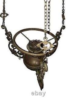 Antique Hanging Brass Oil Lamp With Cranberry Red Glass Riffled Shade 30