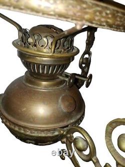 Antique Hanging Brass Oil Lamp With Cranberry Red Glass Riffled Shade 30