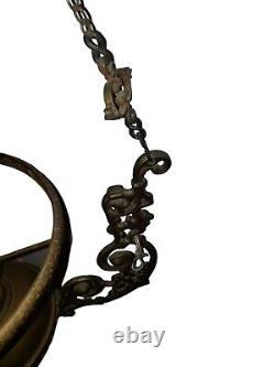 Antique Hanging Brass Oil Lamp With Cranberry Red Glass Riffled Shade 30