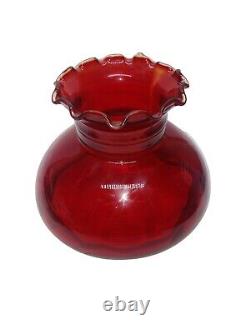 Antique Hanging Brass Oil Lamp With Cranberry Red Glass Riffled Shade 30