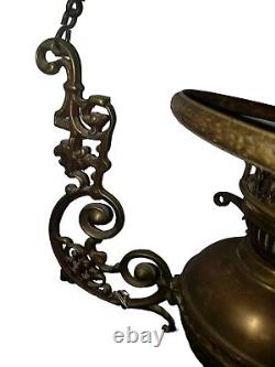 Antique Hanging Brass Oil Lamp With Cranberry Red Glass Riffled Shade 30