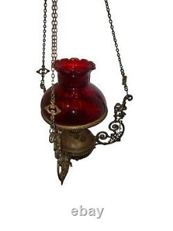 Antique Hanging Brass Oil Lamp With Cranberry Red Glass Riffled Shade 30