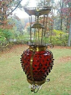Antique Hanging Cranberry Hobnail Oil Lamp