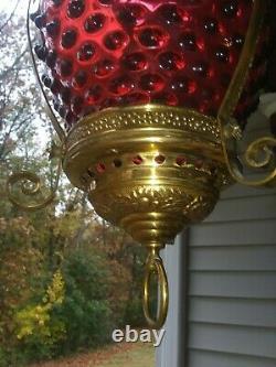 Antique Hanging Cranberry Hobnail Oil Lamp