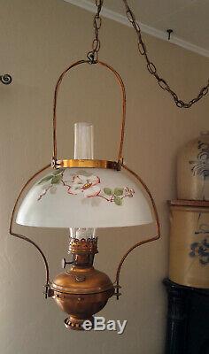 Antique Hanging Electrified Solar Oil Country Store Lamp Painted Flower Shade