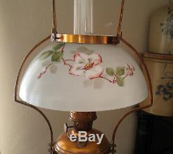 Antique Hanging Electrified Solar Oil Country Store Lamp Painted Flower Shade