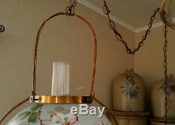 Antique Hanging Electrified Solar Oil Country Store Lamp Painted Flower Shade