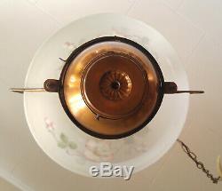 Antique Hanging Electrified Solar Oil Country Store Lamp Painted Flower Shade