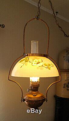 Antique Hanging Electrified Solar Oil Country Store Lamp Painted Flower Shade