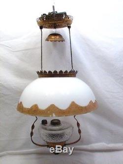 Antique Hanging Fluid Lamp withDome Milk Glass Shade Parlor Light Ornate Oil