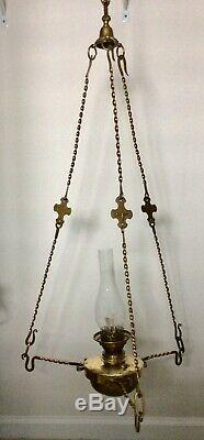 Antique Hanging HINKS #2 OIL LAMP, LIBRARY PARLOR CHANDELIER CHURCH UNIQUE